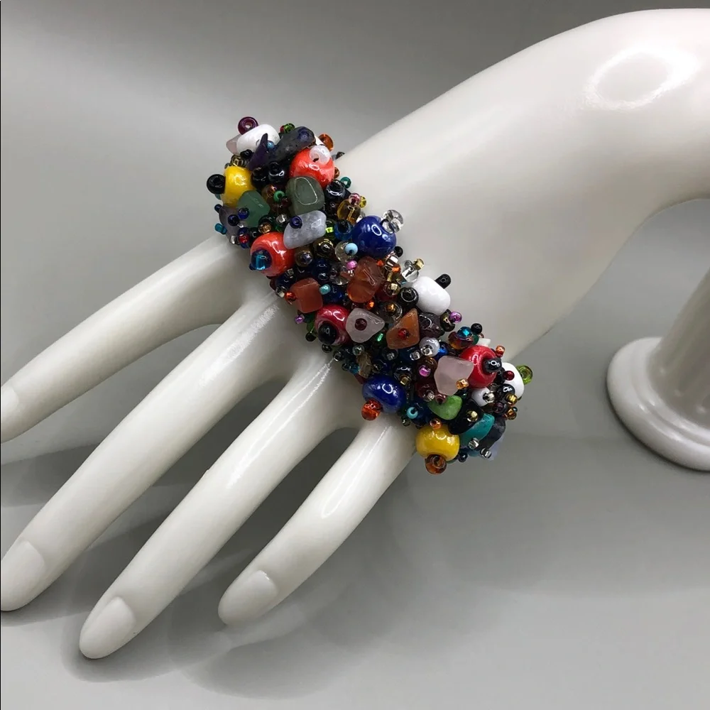 Colorful seed bead ceramic and stone gemstone beads boho festival bracelet. - Picture 5 of 9